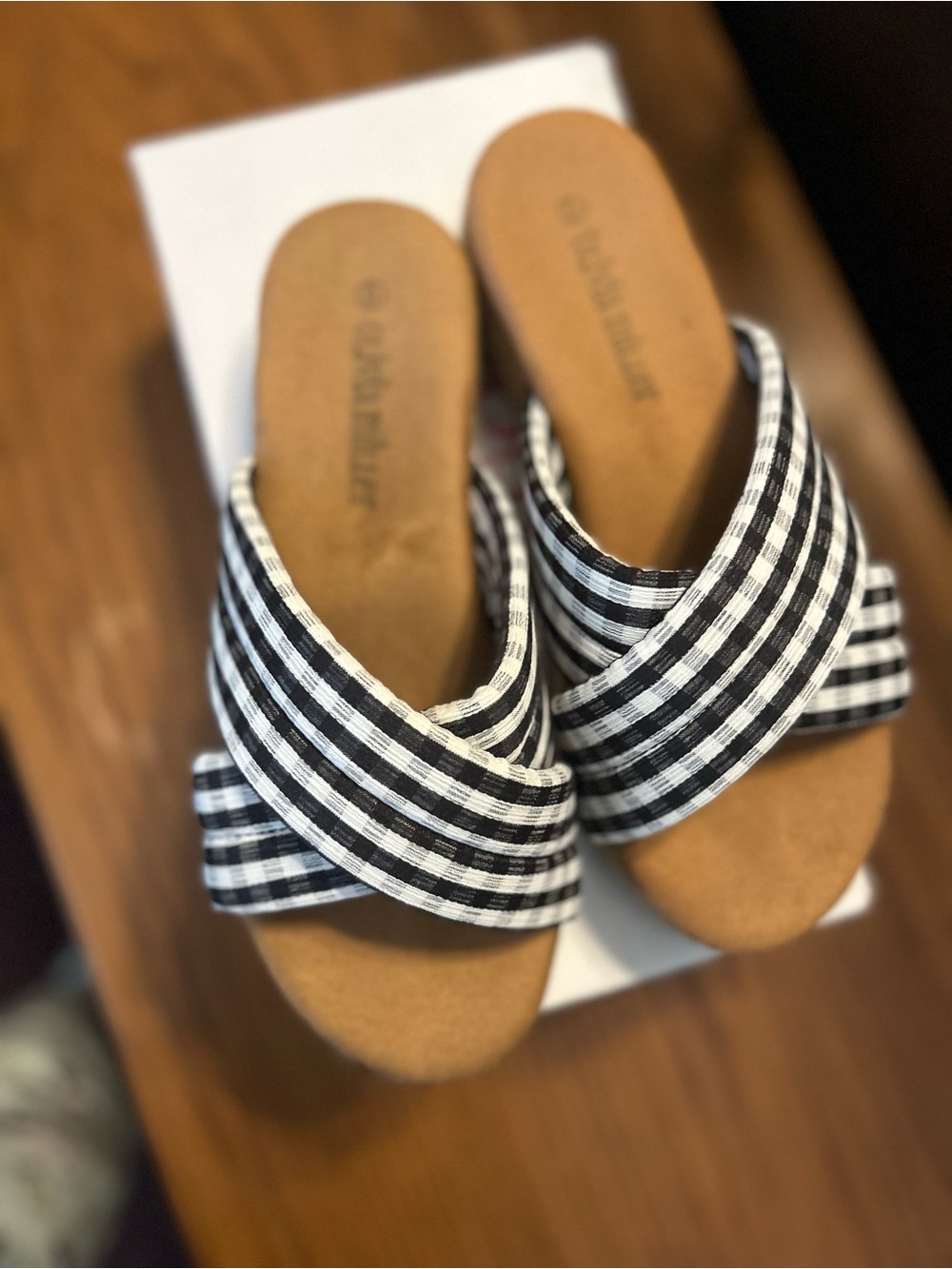 Olivia Miller Black & White Gingham Crossband Mules w box